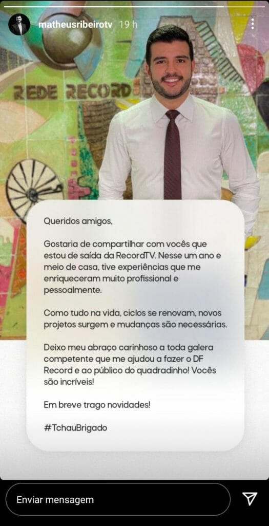 Matheus Ribeiro faz despedida carinhosa da emissora Record